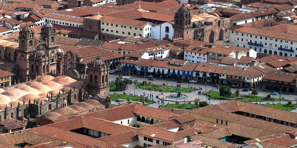 An aerial shot of the Cusco city centre, where almost half of the local people speak the quechua language.